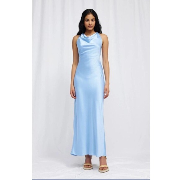Significant Other Alia Light Blue Satin Maxi Dress Sz 4 Cowl Neck Backless $266 - Picture 1 of 15